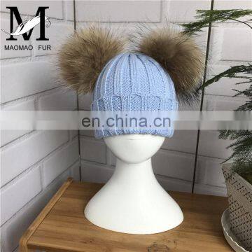 Kids Knitted Winter Hat Double Raccoon Fur Pom Poms Warm Children Hat