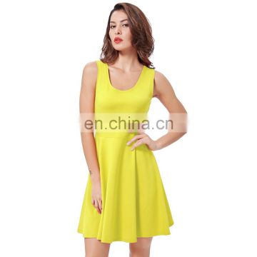 Kate Kasin Ladies Stylish Slim Fit Casual U-Neck Tank Sleeveless Yellow Dress KK000487-3