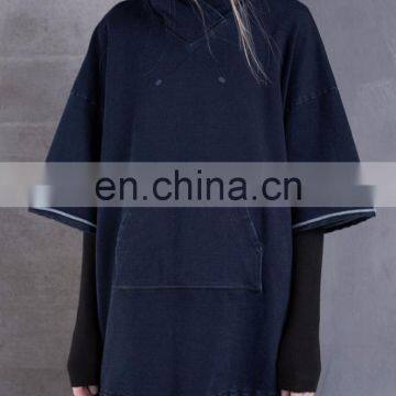 2017 Winter Women Loose Casual Drop Shoulder Indigo Blue Pullover Hoodie With Front Pocket photo-2