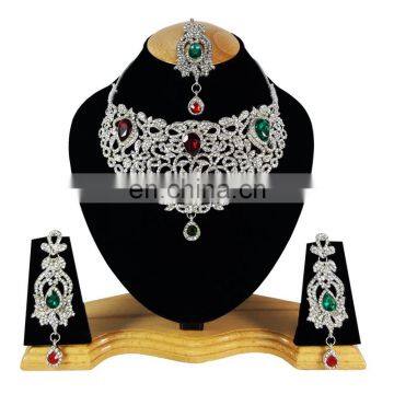 Voylla Intricate Silver Plated Indian Handmade Ethnic Kundan Zerconic Necklace set in Multi Strand Color