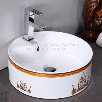 European style bathroom round shape tabletop orange color ceramic wash hand hotel single hole basin sink from china