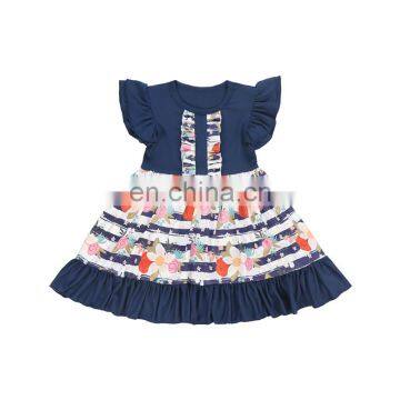 Light Purple Flutter Sleeve Girl Dress Stripe and Flower Pattern Short Sleeve Beautiful Dresses For Baby Girl photo-6