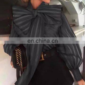 TWOTWINSTYLE Striped Bow Collar Lantern Sleeve Loose Lace Up Women's Shirts 2020 photo-5