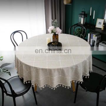 Nordic embroidery grid cotton and linen tassel lace round table cloth party table cloth waterproof table cloth