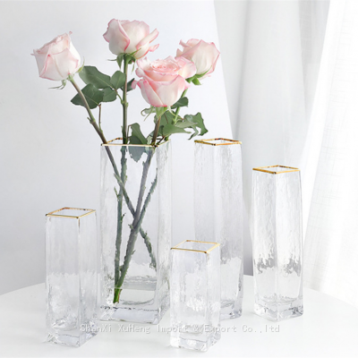 Gold Rimmed Tall Glass Square Vase Wholesale Transparent Clear Flower Vase Container