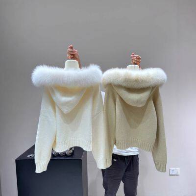 New sweet buttery real fur big fox fur collar autumn and winter thick knitted sweater young fur coat cardigan pull
