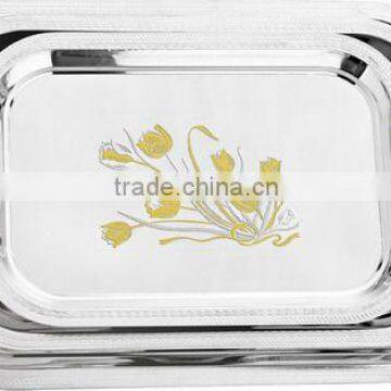 Flower design serving trays 3pcs sets stainless steel trays with 2 handles