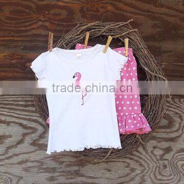 (CS830#white and pink)Cotton knitted white short sleeve t-shirt with flamingo printing and polka dot ruffle set for children