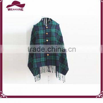 Acrylic plaid poncho ladies winter shawl