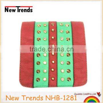 Green and red PU with studs and rhinestones shoulder bag