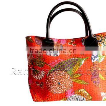 RTHHB-35 Sanganeri Printed Bengali Kantha Pure Cotton And Leather Canvas Ladies Tote Shopping Bags