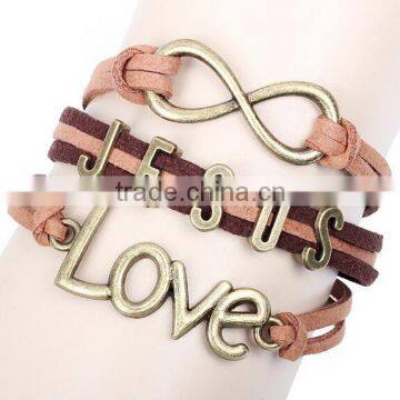 2014 Fashion Love JESUS Letters Charm Handmade Braided Leather Bracelet/vintage old Bronze Genuine cow leather bangles wholesale