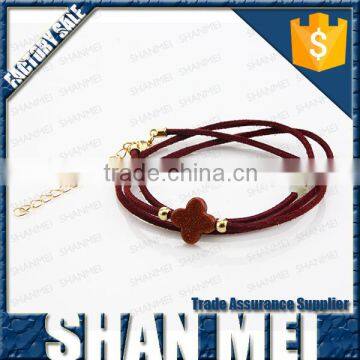 unisex multilayer red leather bracelet with four leaf stone bead wholesale