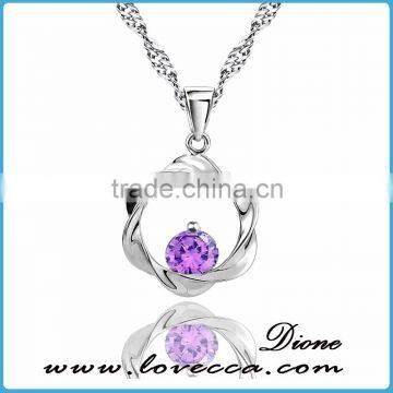 wholesale 2016 Hot round pendant with purple zircon stone sterling 925 silver necklace