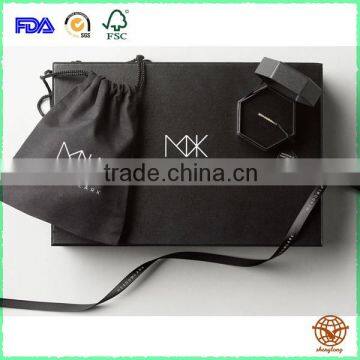 Professional Custom Printed Black Matte cardboard Jewelry box with Silk Ribbon