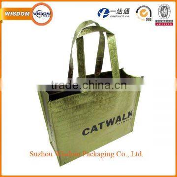 Durable full color christmas laminated PP woven shopping bag with ribbon handle