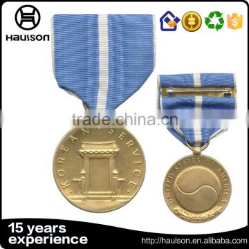 personalized custom casting iron brass zinc alloy imitation gold plated pin style medal with ribbon