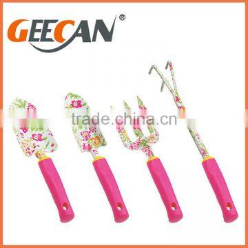 Carbon steel material garden tool set with plastic handle floral printing garden shovel,fork,rake