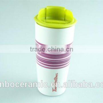 Ceramic coffee mug without handle with silicone lid / band, tall ceramic mugs