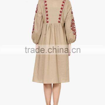 Boho Ukrainian Designs Beige Embroidered Shift Dress Bohemian Clothing Style Long Sleeve Maxi Dress HSd5083 photo-3