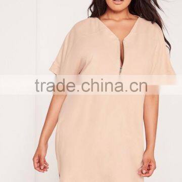 Plus Size Faux Suede Zip Up Shift Dress Nude Short Sleeve Sexy Elegance Split Curved Hem Dress photo-3