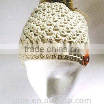 Wood Button Pony Tail Holder Crochet Hat photo-2