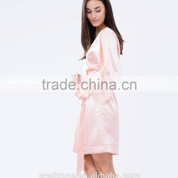 Elegant Tie-up Front Lace Trimmed Sleeves Kimono Robe Wholesale Satin Robe. photo-3
