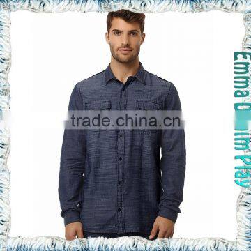 Factory China wholesales 2 pocket style enzyme washed dark indigo male's straight fit denim shirts