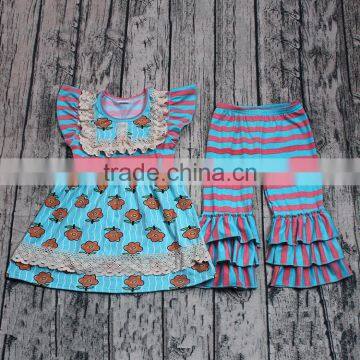 2017 flutter sleeve stripe tunic match ruffle pants clothing for the children little girls clothes