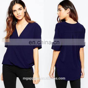 New fashion design lady blouse woven fabric V-neck short sleeve woman blouse