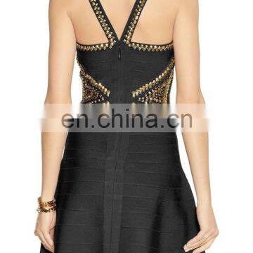 Wholesale Fashion Women Sexy Bandage Dress With Flared Skirt Black Stretch Embellished Cheap Rayon Bandage Dress photo-4