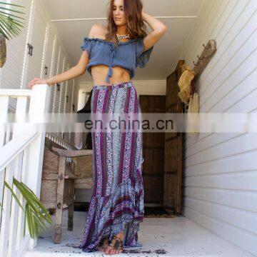 Customized high quality fashion new bohemian beach skirt split long retro national wind print stitching loose straps maxi skirt