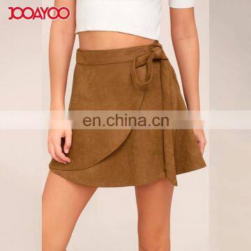 New Customized Wholesale Promotional Reversible Tan Suede Magic Wrap Mini Skirt