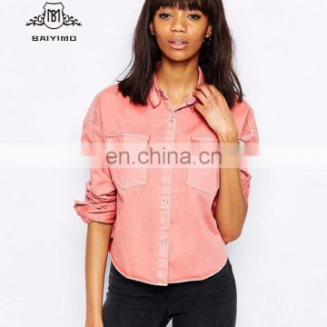 2017 Latest Pink Color With Pockets Long Sleeve Women 100% Cotton New Style Casual Shirt