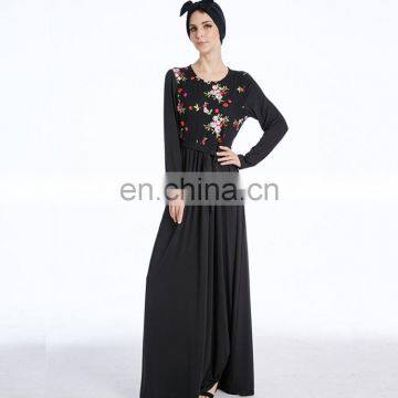 Factory Embroidery Flower Islamic Women Black Jersey Maxi Dress