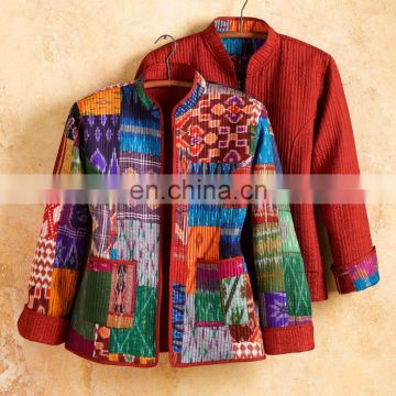 Silk Patola Kantha Jacket Long Floral Sleeves ladies Reversible Coat Gudri Jacke Indian Patchwork Vintage Design kantha Quilted