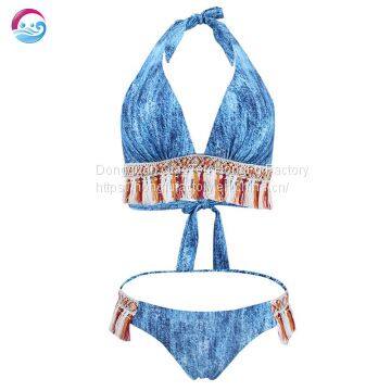 Split two piece tassel bandage backless sexy swimwewear bikini sets for women