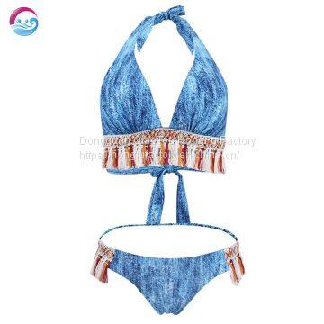 Split Two Piece Tassel Bandage Backless Sexy Swimwewear Bikini Sets for Women