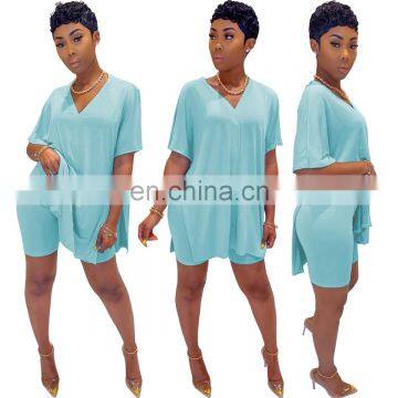 Wholesale 2 Piece Plain v NeckBat Sleeve Split Tshirt and Shorts Set for Women photo-3