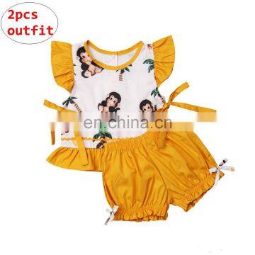 Girl Clothing 2pcs Set children clothes Cartoon Monkey print shirt + shorts Outfit