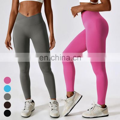 Custom Push Up Elastic Leggings Yoga Pants High Waist Scrunch Butt Fitness V Cross Waistband Seamless Yoga Leggings For Woman