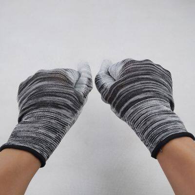 Striped Wave Black and White Polyester 13 Gauge Knitted pu Palm Coated Anti-static Safety Work Gloves photo-5