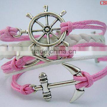 CB8172 pink wax rope anchor sliver leather bracelet wedding decoration