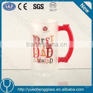 high quality machine made fancy frosting decal beer glass gift with handle and with PVC box