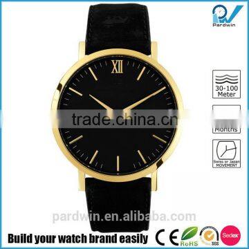 sophisticated fashion timepiece PVD gold stainless steel case luxury black italian leather strap classic watch face