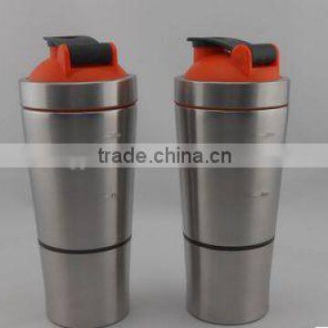 Stainless Steel Protein Shaker Bottle With Snack Compartment Cup 700ml (23.6 Oz) + 200ml (6.7 Oz).