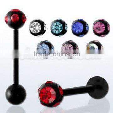 Black anodized barbell tongue bar with 6 clear crystals