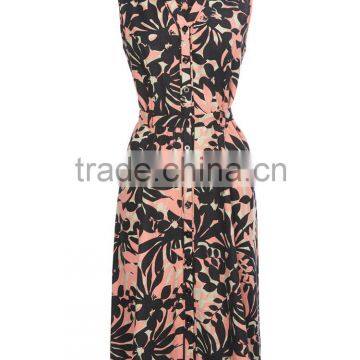 2015 Latest Women Fashion Linen Botanical Print Shirt Dress
