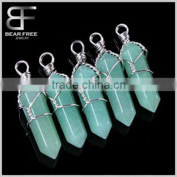 Unisex Wire Wrapped Power Healing Hexagonal Pile Green Aventurine Crystal Pendant