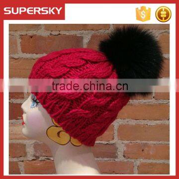 A-530 crochet fur pom pom beanie custom knitted pom hat beanie cable knit beanie pom pom